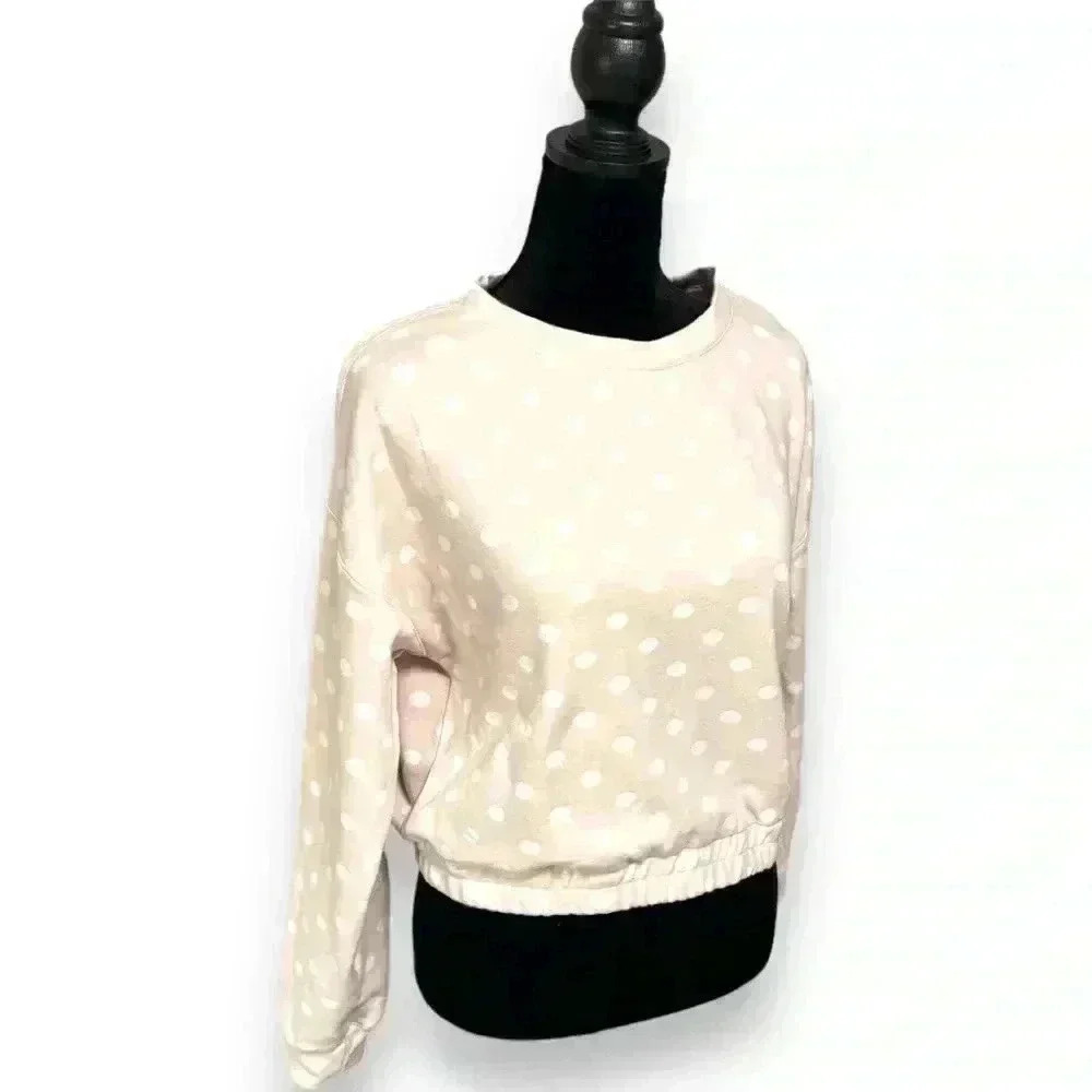 BLU PEPPER Dot Print Crew Neck Cropped Top long sleeve blush pink and cream NEW! - Picture 5 of 14